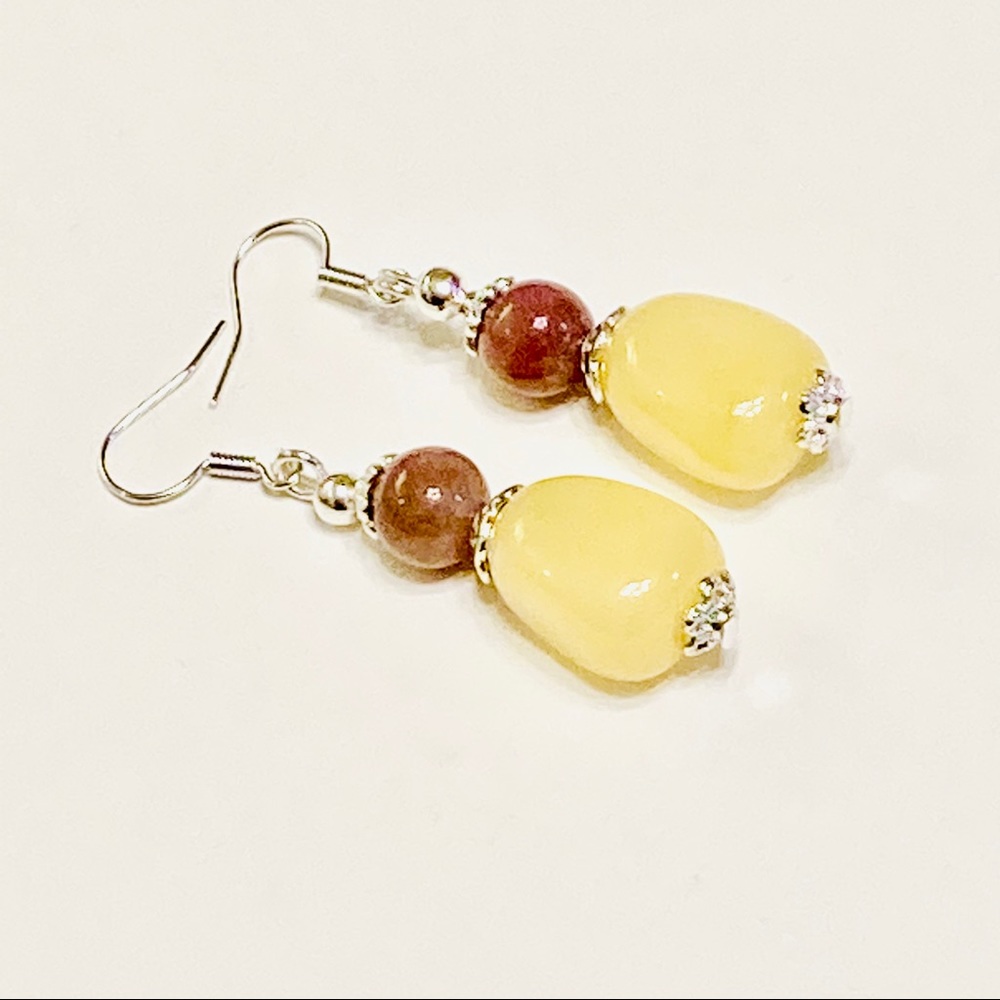Light Yellow Jadeite & Brown Indian Agate Stone Drop Boho Style Earrings